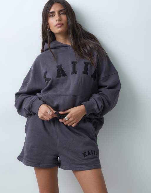 Kaiia - Short d'ensemble molletonné en coton mélangé avec logo brodé - Gris foncé  , 4 de 5