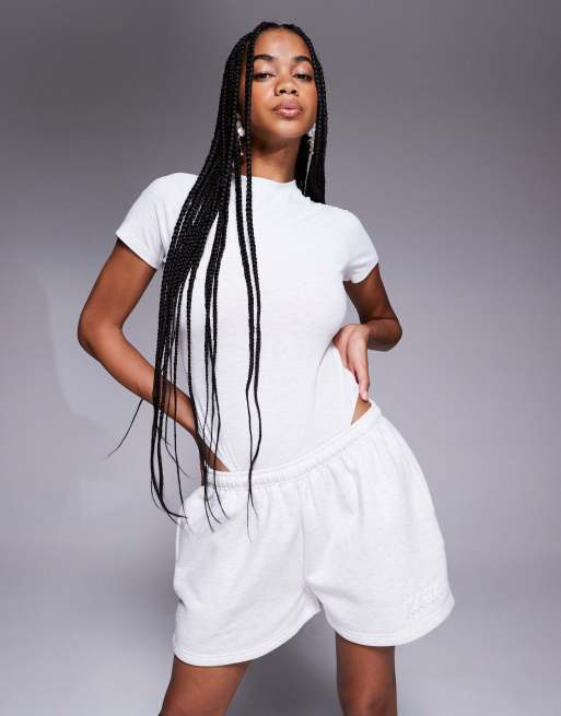 Kaiia short sleeve high neck bodysuit co-ord in light grey marl