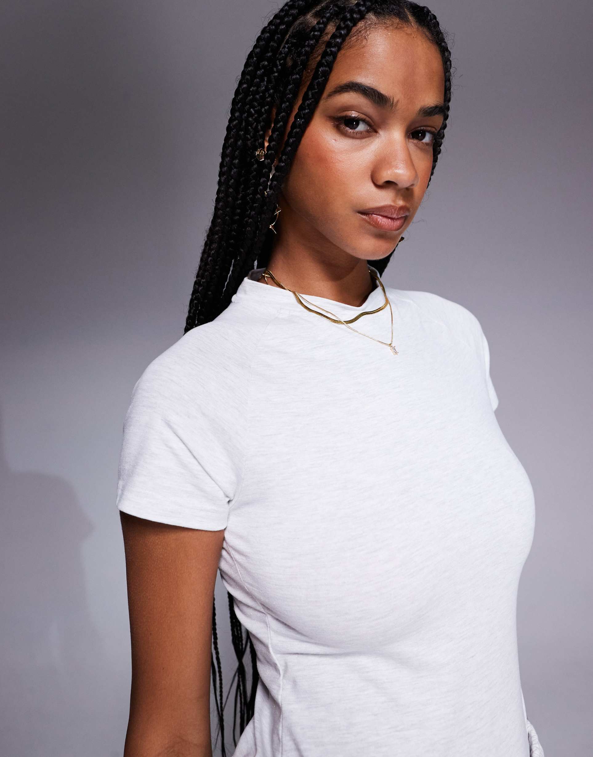 kaiia short sleeve high neck bodysuit in light gray heather - part of a set