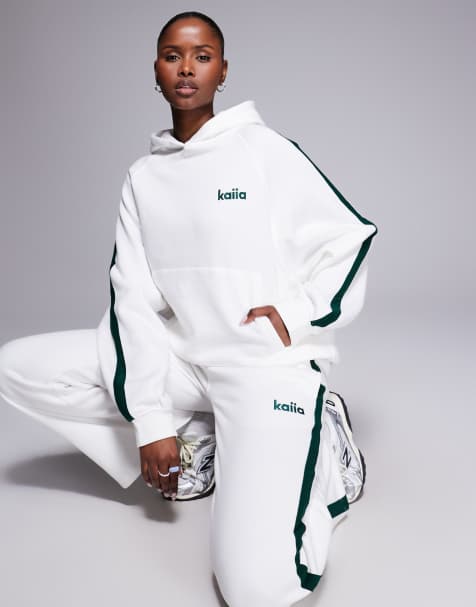 Kaiia side stripe oversized hoodie co-ord in white and dark green - view 1