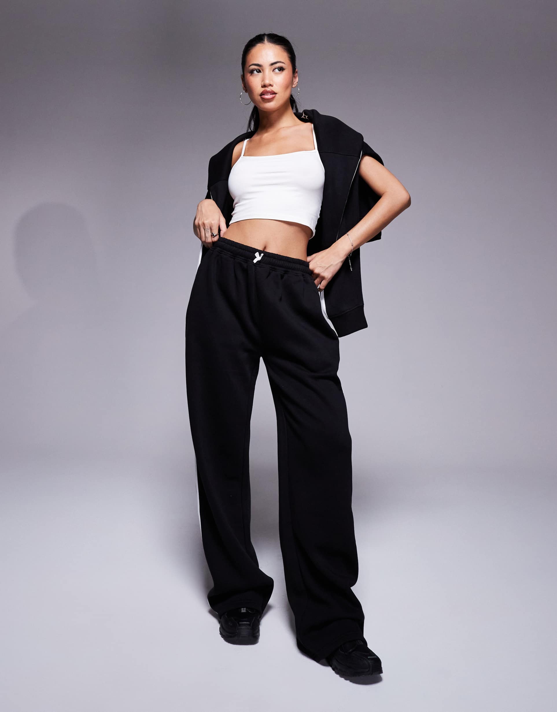 kaiia side stripe wide leg sweatpants in black and white - part of a set