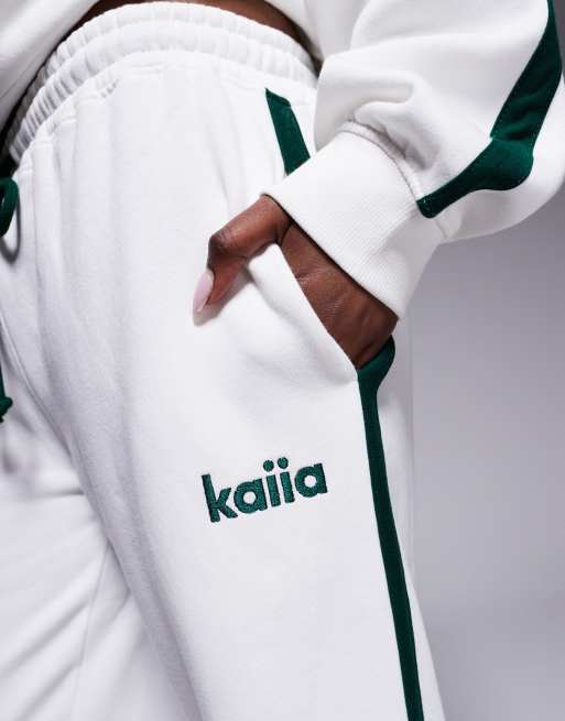 Kaiia side stripe wide leg trackies in white and dark green (part of a set), 4 of 5