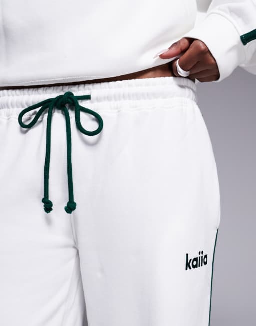 Kaiia side stripe wide leg trackies in white and dark green (part of a set), 5 of 5