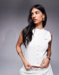 [Kaiia] Kaiia sleeveless cropped button through singlet in cream (part of a set)-White 4 CREAM AS SAMPLE