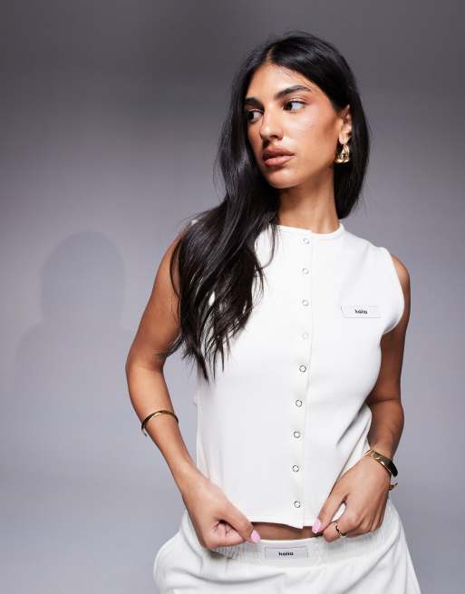 Kaiia sleeveless cropped button through singlet in cream (part of a set) 