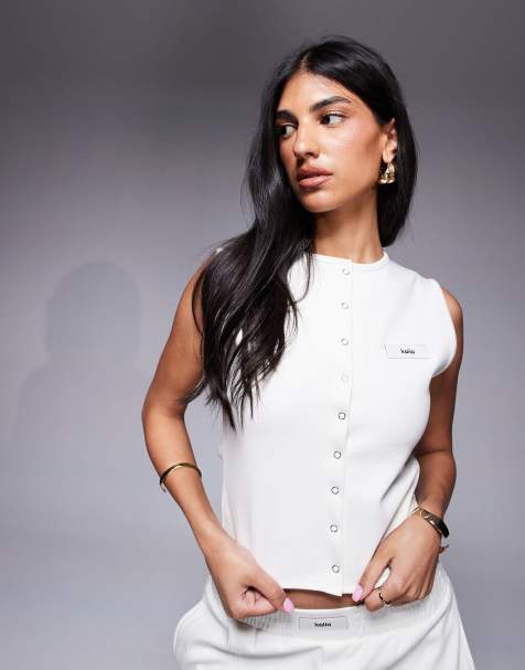 Kaiia sleeveless cropped button through vest top co-ord in cream - view 1