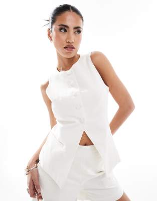 Kaiia Kaiia sleeveless high neck split front waistcoat co-ord in cream-White