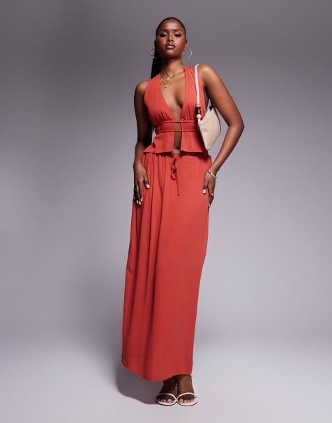 Kaiia sleeveless plunge tie back crop top and tie waist maxi skirt set - view 1