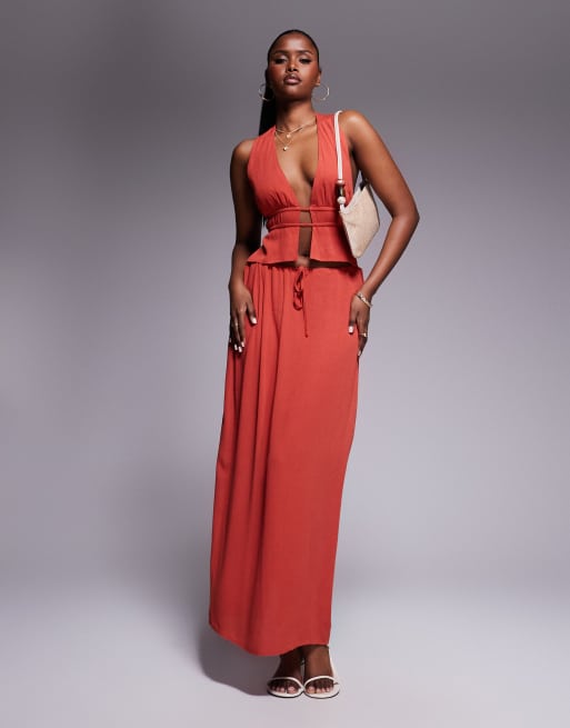 Kaiia sleeveless plunge tie back crop top and tie waist maxi skirt set