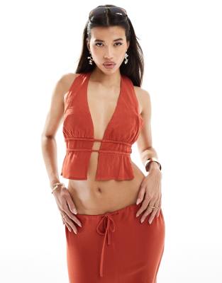 sleeveless plunge tie back top in rust - part of a set-Orange