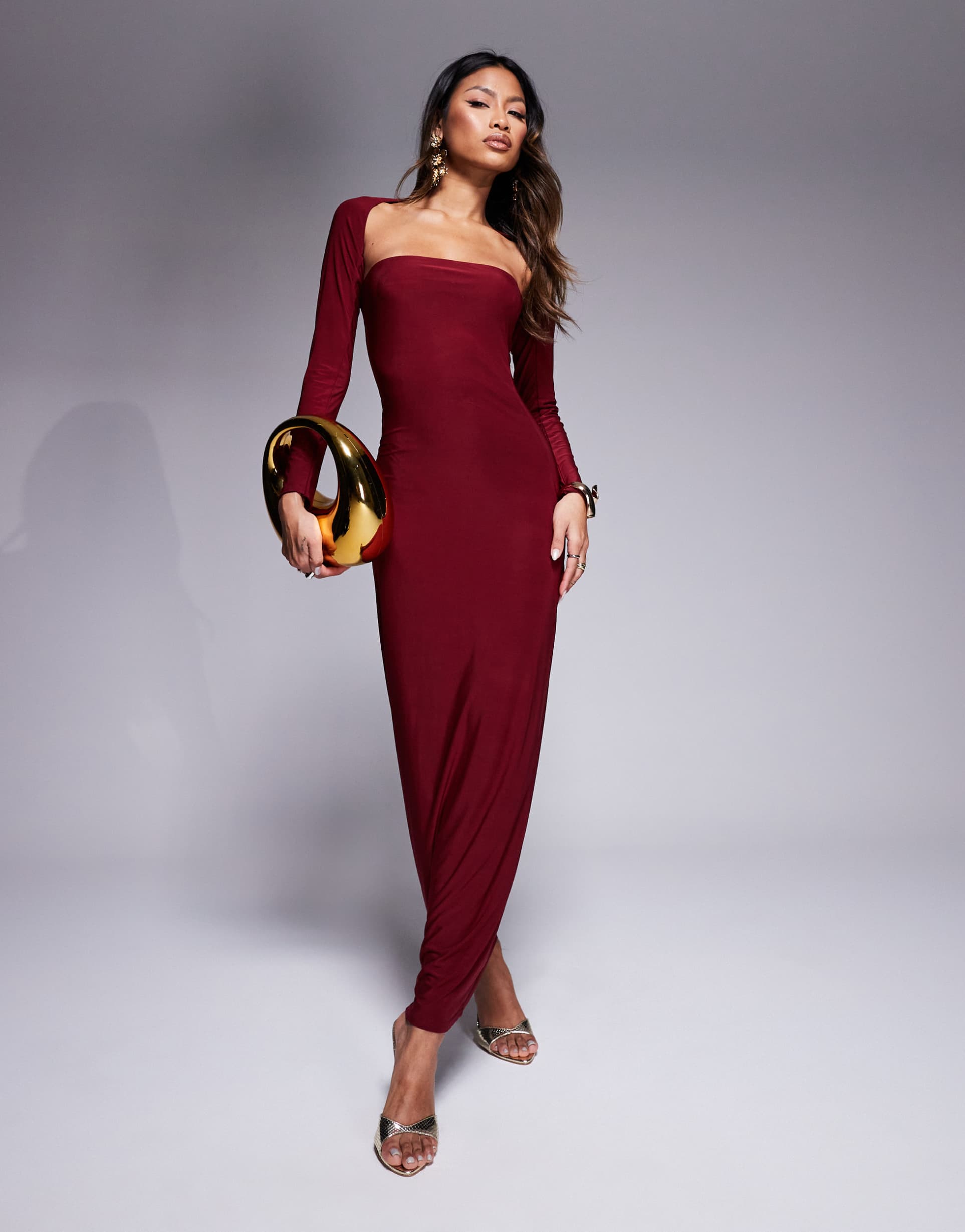 kaiia slinky bandeau maxi dress with long sleeve shrug in burgundy