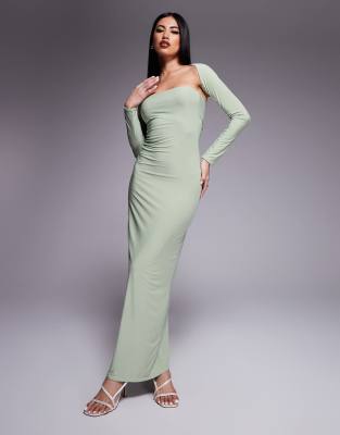 slinky bandeau maxi dress with long sleeve shrug in sage-Green