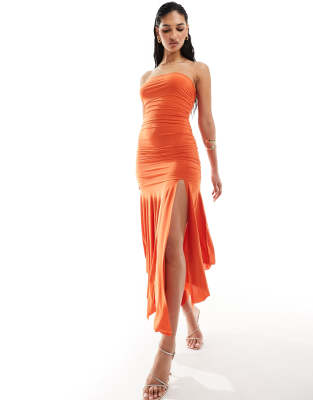 slinky bandeau ruched dropped waist handkerchief hem maxi dress in orange