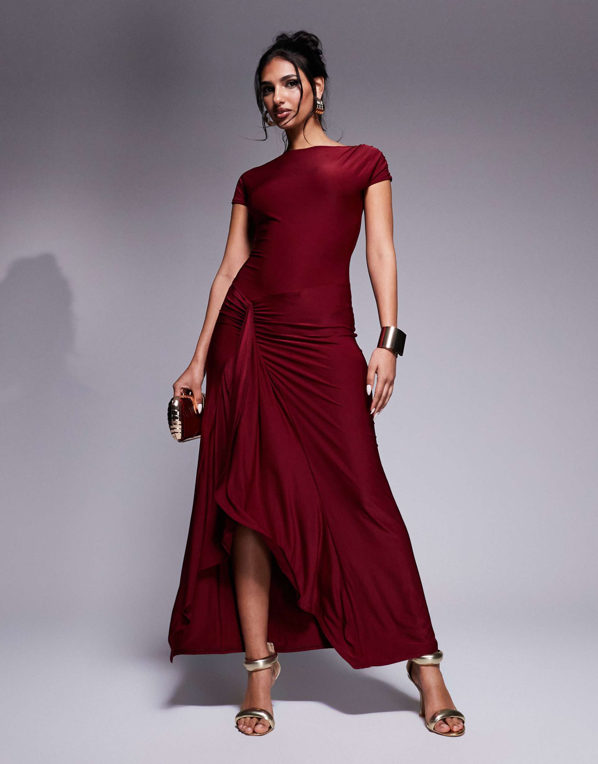 kaiia slinky cap sleeve side slit drape detail maxi dress in burgundy