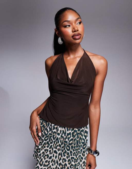 Kaiia slinky cowl neck tie back top in chocolate brown