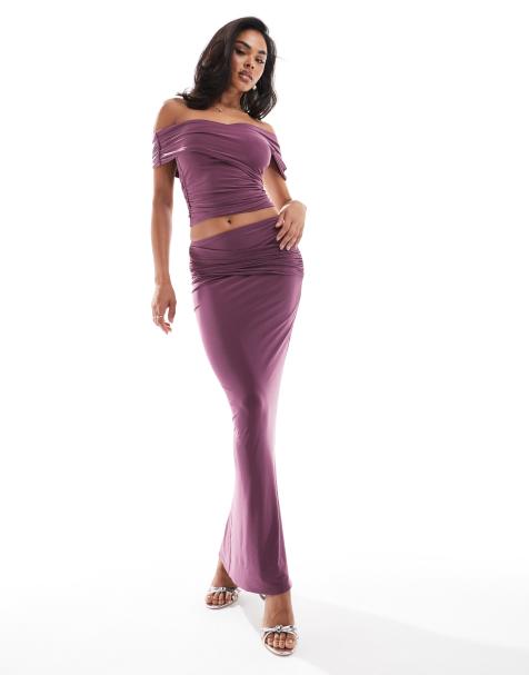 Kaiia slinky drape off shoulder top and maxi skirt co-ord in purple - view 1