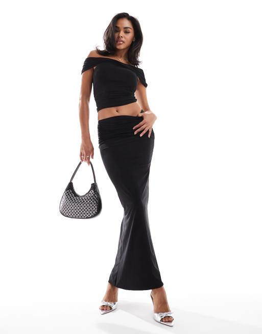 Kaiia slinky drape off-shoulder top and maxi skirt set in black