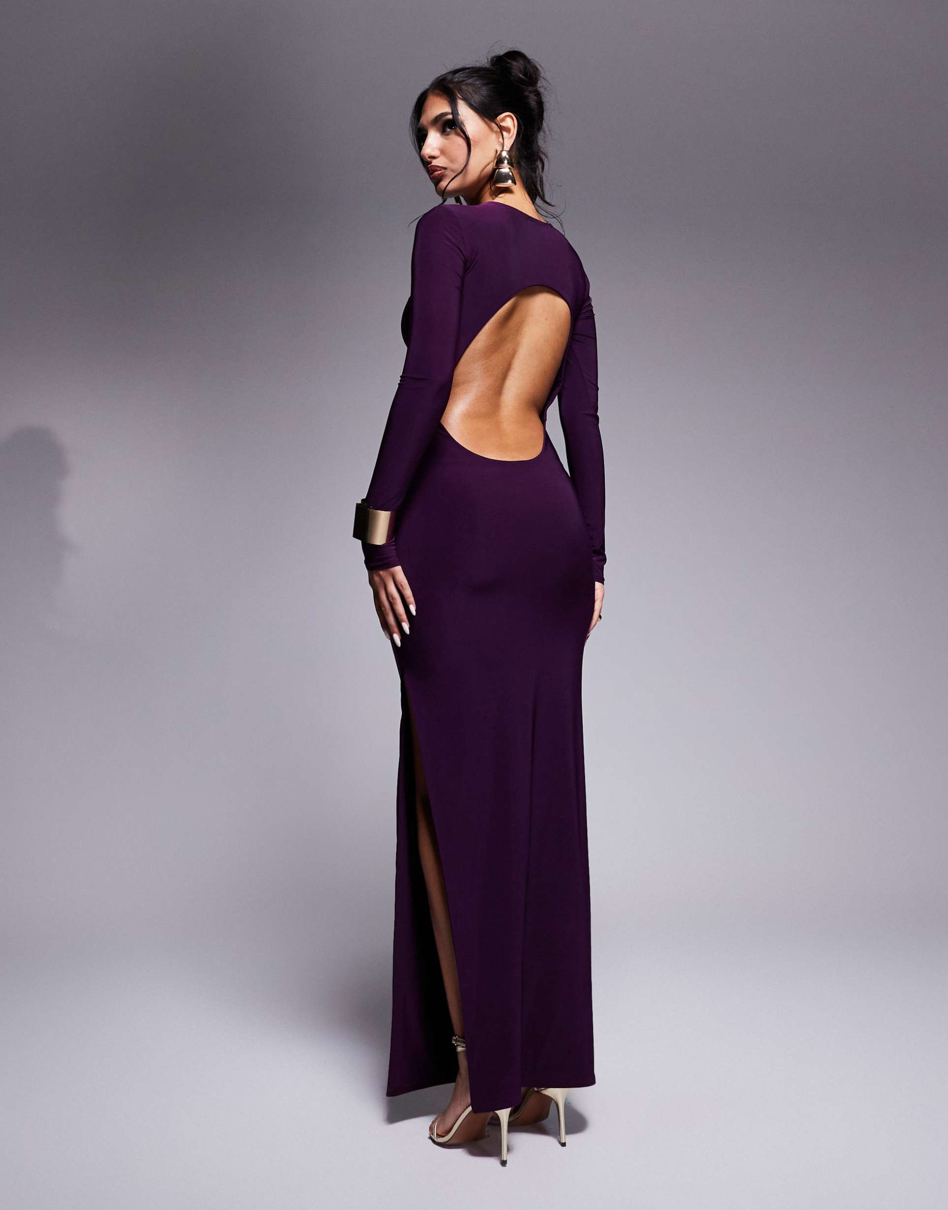 kaiia slinky long sleeve open back side split maxi dress in purple