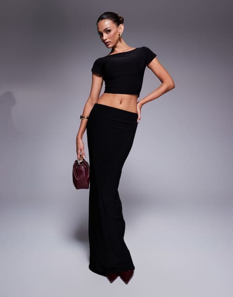 Kaiia slinky low back top & column maxi skirt set in black - view 1