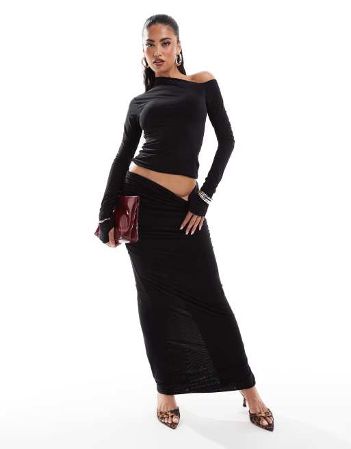 Kaiia slinky off shoulder long sleeve thumb hole top and maxi skirt set in black