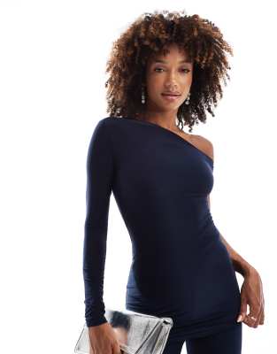 slinky off shoulder long sleeve top in navy - part of a set