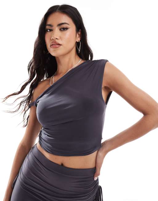 Kaiia slinky off shoulder twist detail top in charcoal (part of a set)