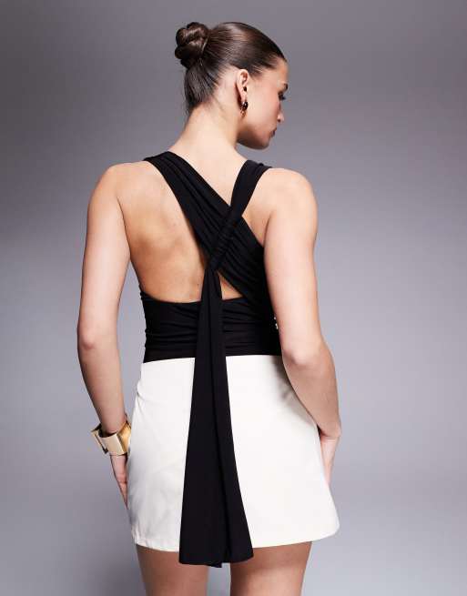 Kaiia slinky racerneck gathered back drape detail bodysuit in black