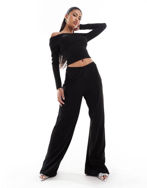 Kaiia slinky ruched bardot off shoulder top and wide leg trousers co-ord in black - view 1