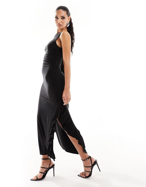 Black Slinky Ruched Drape Split Leg Maxi Dress