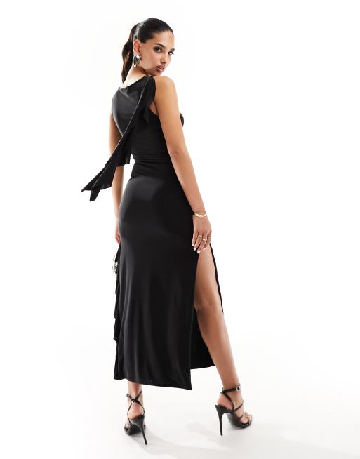 Black Slinky Ruched Drape Split Leg Maxi Dress