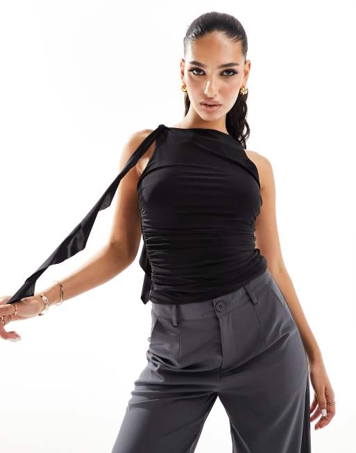 Kaiia slinky ruched drape detail top in black