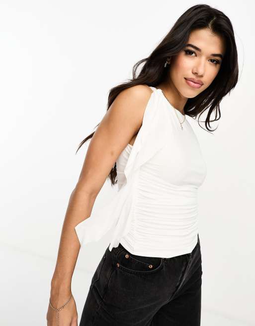 Kaiia slinky ruched drape detail top in white
