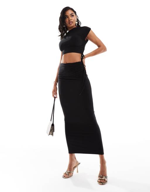 Kaiia slinky ruched drawstring maxi skirt in black (part of a set)