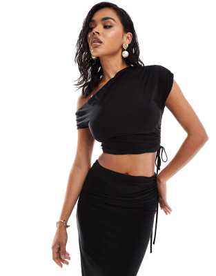 Kaiia slinky ruched off shoulder drawstring top co-ord in black