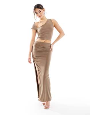 slinky ruched thigh split maxi skirt in light brown - part of a set