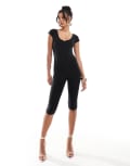 [Kaiia] Kaiia slinky scoop neck rose detail cap sleeve capri unitard in black 14 BLACK
