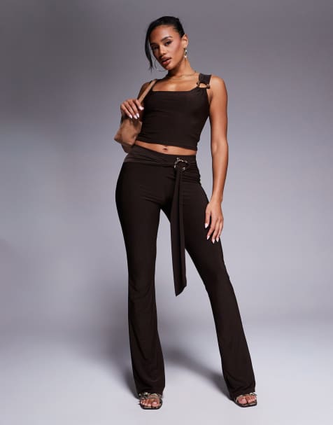 Kaiia slinky square neck gold hardware detail crop top and trousers co-ord in chocolate - view 1