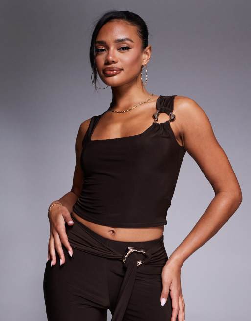 Kaiia slinky square neck gold hardware detail crop top co-ord in chocolate