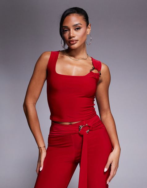 Kaiia slinky square neck gold hardware detail crop top co-ord in red - view 1