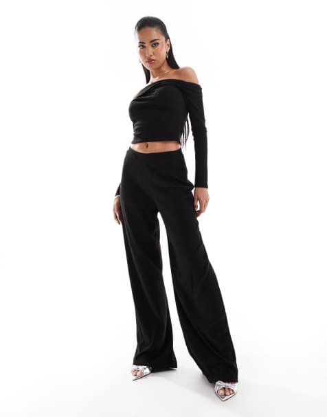 Kaiia soft rib wide leg pants in black (part of a set) - view 1