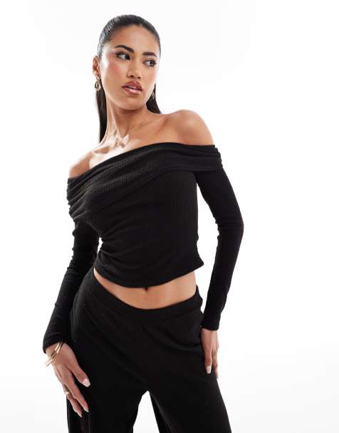 Kaiia soft ribbed bardot long sleeve top in black - part of a set - view 1