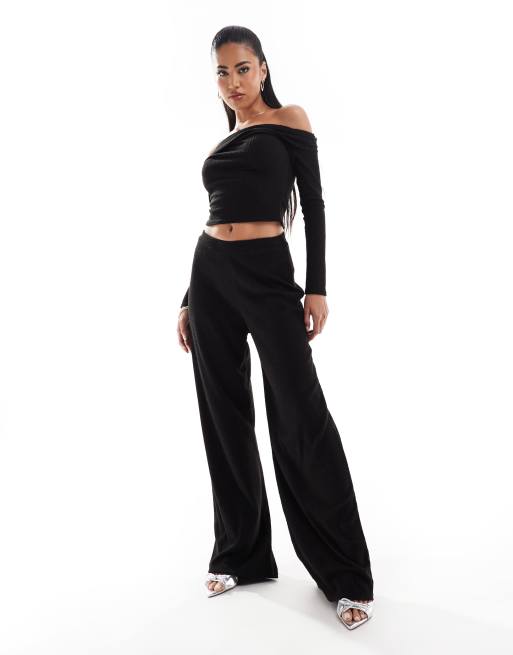 Kaiia soft ribbed wide leg pants in black - part of a set