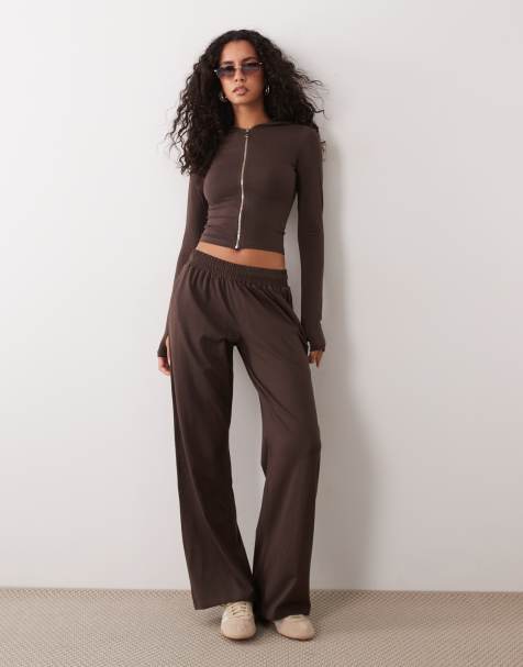 Kaiia soft touch wide leg joggers co-ord in bitter chocolate - view 1