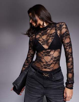 Kaiia - Sort højhalset bodystocking i blondestof med åben ryg og muslingekant - Kun hos ASOS - view 1