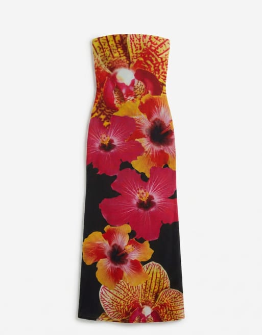 Kaiia - Sort og pink tætsiddende maxikjole i mesh med orkideprint og bandeau- samt havfruesnit - Kun hos ASOS, 5 af 8