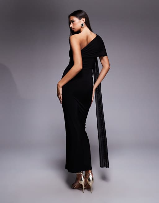 Kaiia - Sort og tætsiddende oneshoulder-maxikjole med draperet detalje i mesh med dobbeltlag - Kun hos ASOS, 3 af 4