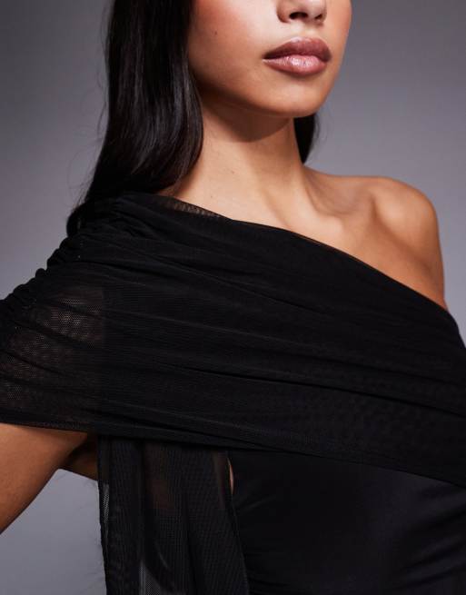 Kaiia - Sort og tætsiddende oneshoulder-maxikjole med draperet detalje i mesh med dobbeltlag - Kun hos ASOS, 4 af 4