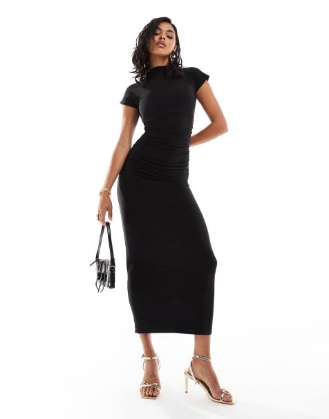 Kaiia - Sort tætsiddende bodycon-maxikjole med høj hals og vingeærmer i dobbeltlag - Kun hos ASOS - view 1