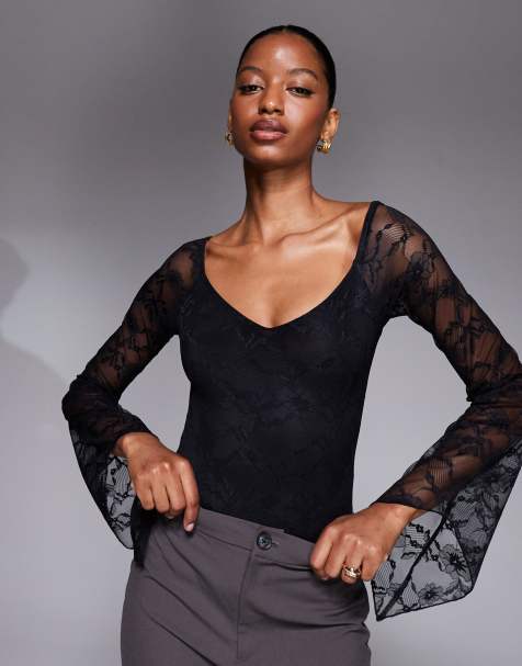 Kaiia - Sort tætsiddende bodystocking i dobbeltlag med blondestof og V-hals og draperede ærmedetaljer - Kun hos ASOS - view 1