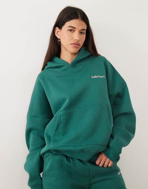 Kaiia – Ciemnozielono-różowy zestaw sportowy z dużą zawartością bawełny i grafiką z motywem tenisa: bluza oversize z kapturem i joggersy, 3 z 3